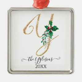 Ornamento De Metal Dourado Monograma Y Glitter Natal Holly Foliage