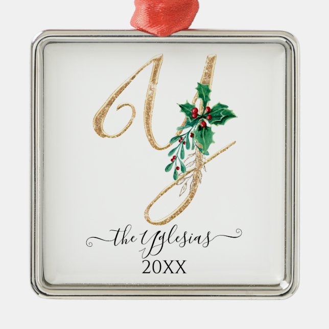 Ornamento De Metal Dourado Monograma Y Glitter Natal Holly Foliage (Frente)