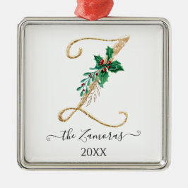 Ornamento De Metal Dourado Monograma Z Folhagem Holly de Natal brilha