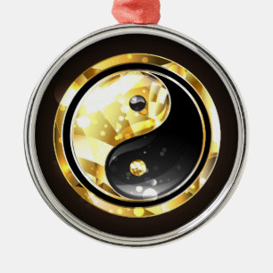 Ornamento De Metal Dourado Yin Yang a preto