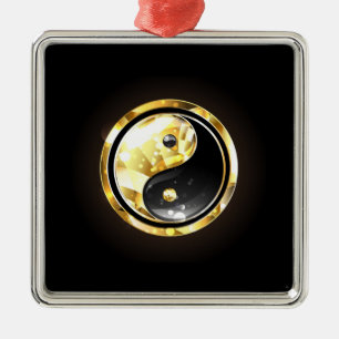Ornamento De Metal Dourado Yin Yang a preto