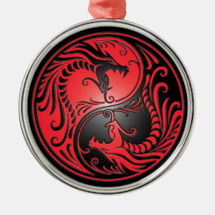Ornamento De Metal Dragões, vermelho e preto de Yin Yang