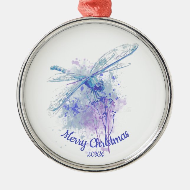 Ornamento De Metal Dragonfly de Natal Datas Personalizadas (Frente)