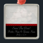 Ornamento De Metal Economias pretas e vermelhas do damasco o<br><div class="desc">Deixe a cada convidado a seu casamento uma lembrança com os estes economias românticas as datas. Adicione sua própria foto para um toque pessoal bonito. O damasco preto e vermelho quebra acima e veste acima a foto e a informação. Inteiramente customizável,  assim que adicione seu próprio bocado do dom.</div>
