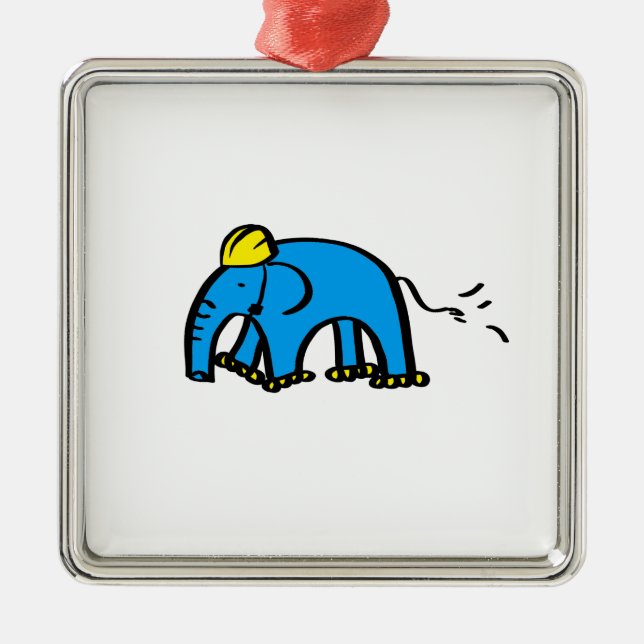 Ornamento De Metal Elefante Azul Rollerblante com Capacete Amarelo (Frente)