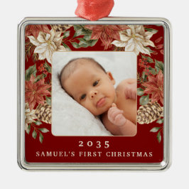 Ornamento De Metal Elegant Rich Red Baby's First Christmas Photo
