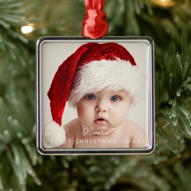 Ornamento De Metal Elegant Script My 1st Christmas Baby's Photo (Árvore)