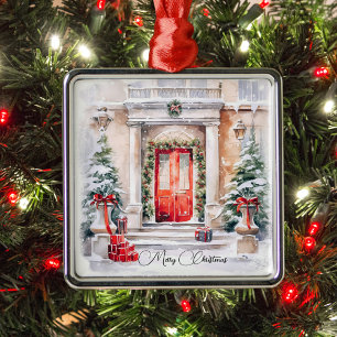 Ornamento De Metal Elegante Clássico Porta Vermelha Feliz Natal