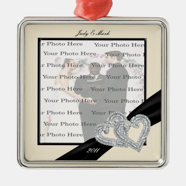 Ornamento De Metal Elegante Diamond Black Ribbon SilverSquare Ornamen (Frente)