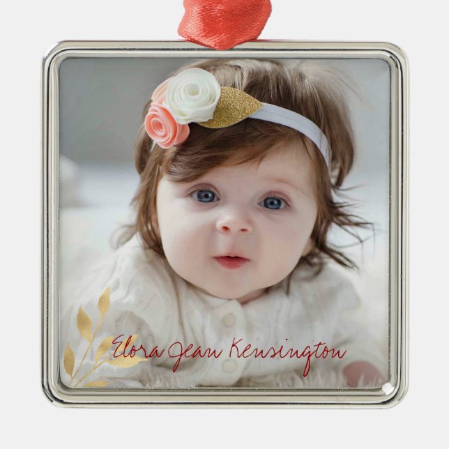 Ornamento De Metal Elegante Natal Dourado deixa foto de feriado (Frente)