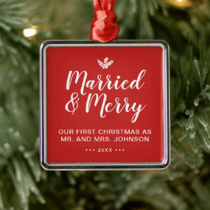 Ornamento De Metal Elegante Nosso Primeiro Natal Casados e Alegres Ve