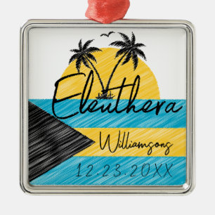Ornamento De Metal Eleuthera Bahamas Flag Palm Tree Sunset Souvenirs