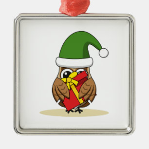 Ornamento De Metal Elf Owl de Natal com Presente