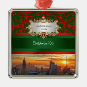 Ornamento De Metal Empire Rua Bldg Sunset NYC Red Green Damask Xmas