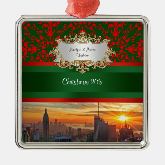 Ornamento De Metal Empire Rua Bldg Sunset NYC Red Green Damask Xmas (Frente)