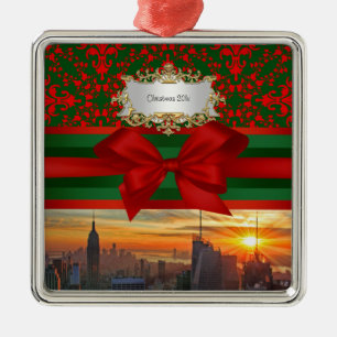 Ornamento De Metal Empire Rua Bldg Sunset NYC Red Green Damask Xmas #