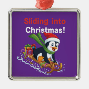 Ornamento De Metal Engraçado Pinguim Bonito Deslizando no Natal no Tr