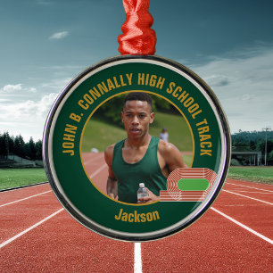 Ornamento De Metal Equipe de Atletismo Green Gold Foto Corredor Natal