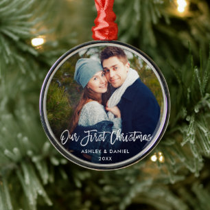 Ornamento De Metal Escova Moderna Roda Nosso Primeiro Casal De Natal