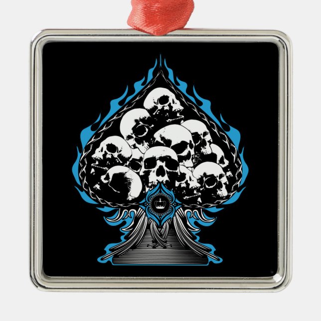 Ornamento De Metal Espadas Azuis Flaming com Crânios (Frente)