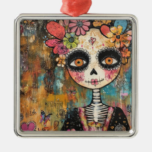 Ornamento De Metal Esqueleto La Catrina com Coroa de Flores