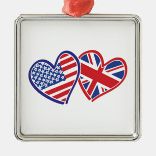 Ornamento De Metal Estados Unidos e Reino Unido Flag Hearts