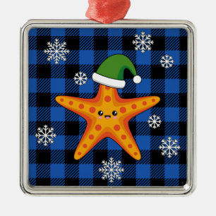 Ornamento De Metal Estaleiro do Natal Kawaii no padrão azul de búfalo
