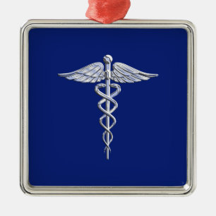 Ornamento De Metal Estilo Cromo Símbolo Médico de Caduceus no Azul Ma