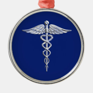 Ornamento De Metal Estilo Cromo Símbolo Médico de Caduceus no Azul Ma
