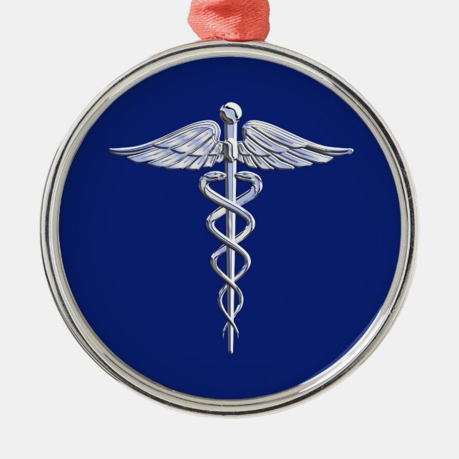 Ornamento De Metal Estilo Cromo Símbolo Médico de Caduceus no Azul Ma (Frente)