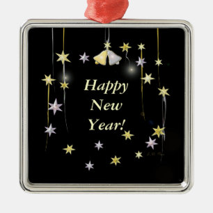 Ornamento De Metal Estrelas de feliz ano novo e Sinos em Preto