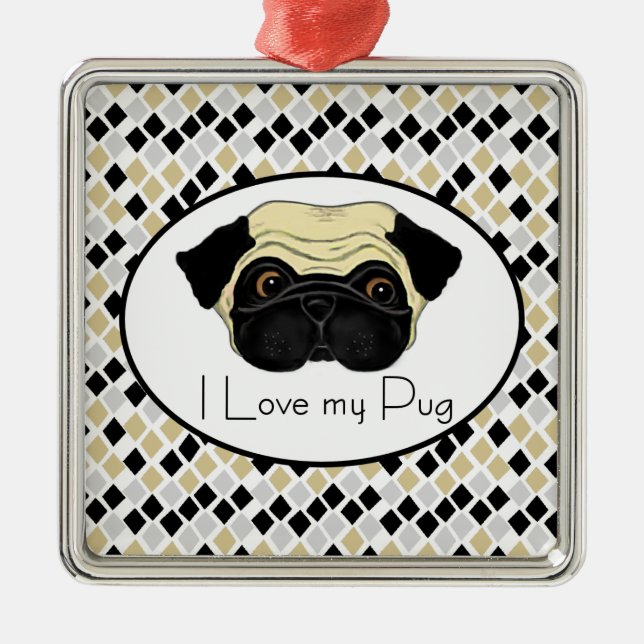 Ornamento De Metal Eu amo meu Pug (Frente)