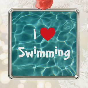 Ornamento De Metal Eu Amo Nadar Coração Vermelho com Água da Piscina