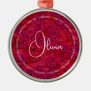 Ornamento De Metal Eu Amo Você Nome Personalizado Rosas Vermelhas Amo