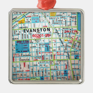 Ornamento De Metal EVANSTON, mapa do vintage do IL