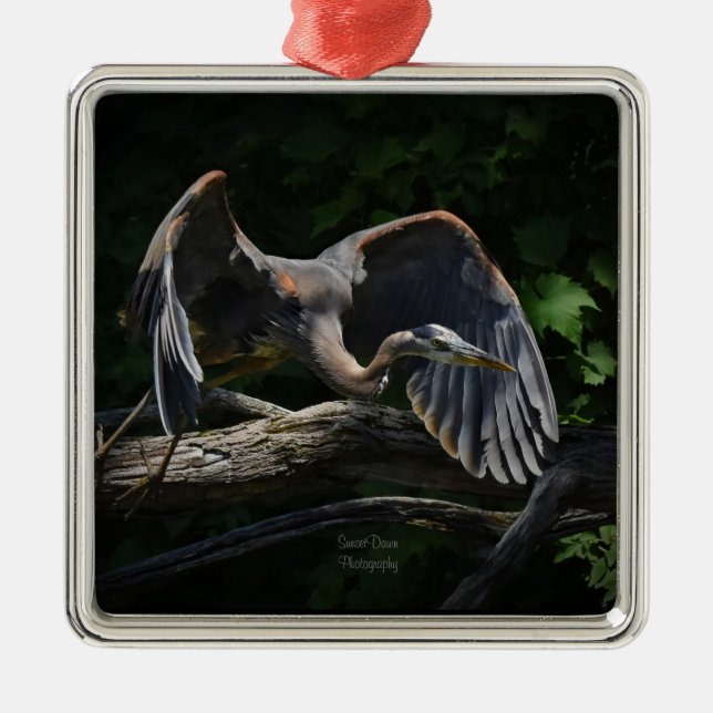 Ornamento De Metal Excelente Blue Heron em voo (Frente)