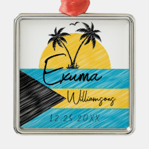 Ornamento De Metal Exuma Bahamas Flag Palm Tree Sunset Souvenirs