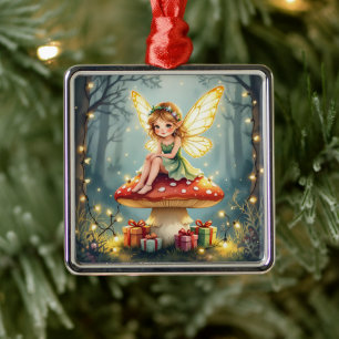 Ornamento De Metal Fada de Natal no topo de uma Cabana Cogumelo Core