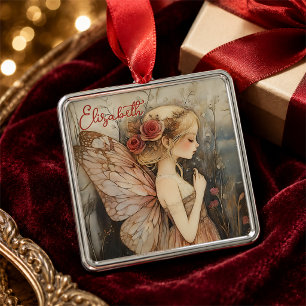 Ornamento De Metal Fada de Natal Vintage Personalizada com Rosas