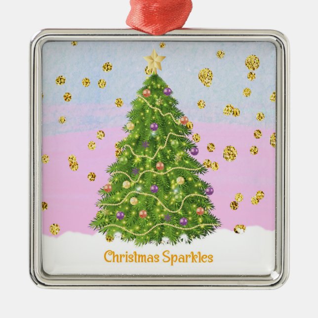 Ornamento De Metal Faíscas de Natal com Árvore e Falsa Glitter (Frente)