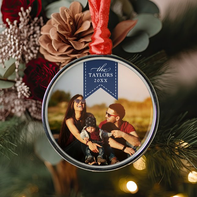 Ornamento De Metal Faixa de marinhos | Foto personalizada de nome e a (Criador carregado)