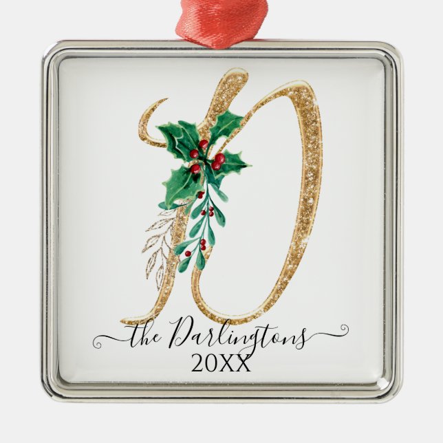 Ornamento De Metal Família Holly Christmas Glitter Monograma Dourado  (Frente)