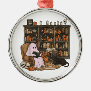 Ornamento De Metal Fantasma lendo livro Amante de gatos Halloween