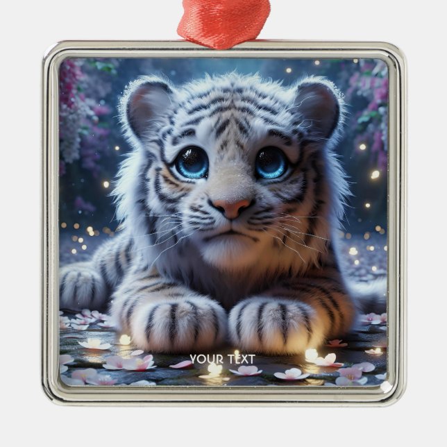 Ornamento De Metal Fantasy Cute Tiger White Baby (Frente)
