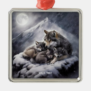 Ornamento De Metal Fantasy Cute Wolf Family Winter