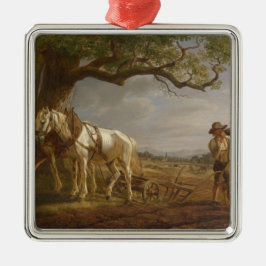 Ornamento De Metal Fazendeiros Descansados em Campo com Cavalos e Flo