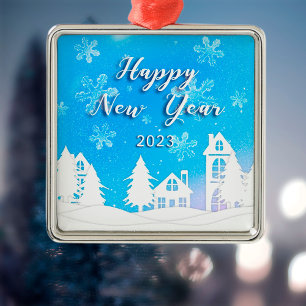 Ornamento De Metal Feliz ano novo 2023 Neve Azul Casa Branca