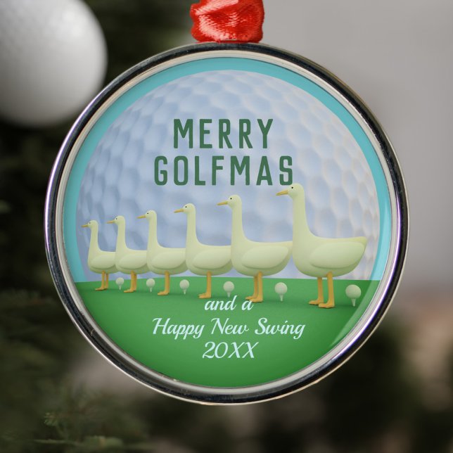 Ornamento De Metal Feliz de Golfe Engraçado Golfe Personalizado (Merry Golfmas and a Happy New Swing! 6 Geese a laying golf balls!)