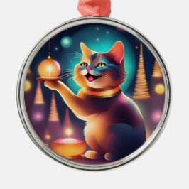 Ornamento De Metal Feliz gato comemorando o Natal, Ornament