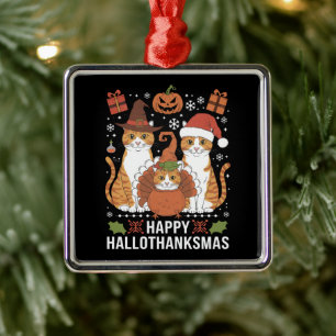 Ornamento De Metal Feliz Hallothanksmas Gatos Dia das Bruxas Natal 